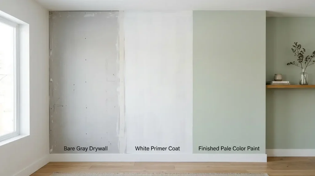 Primer being applied over bare drywall before interior painting