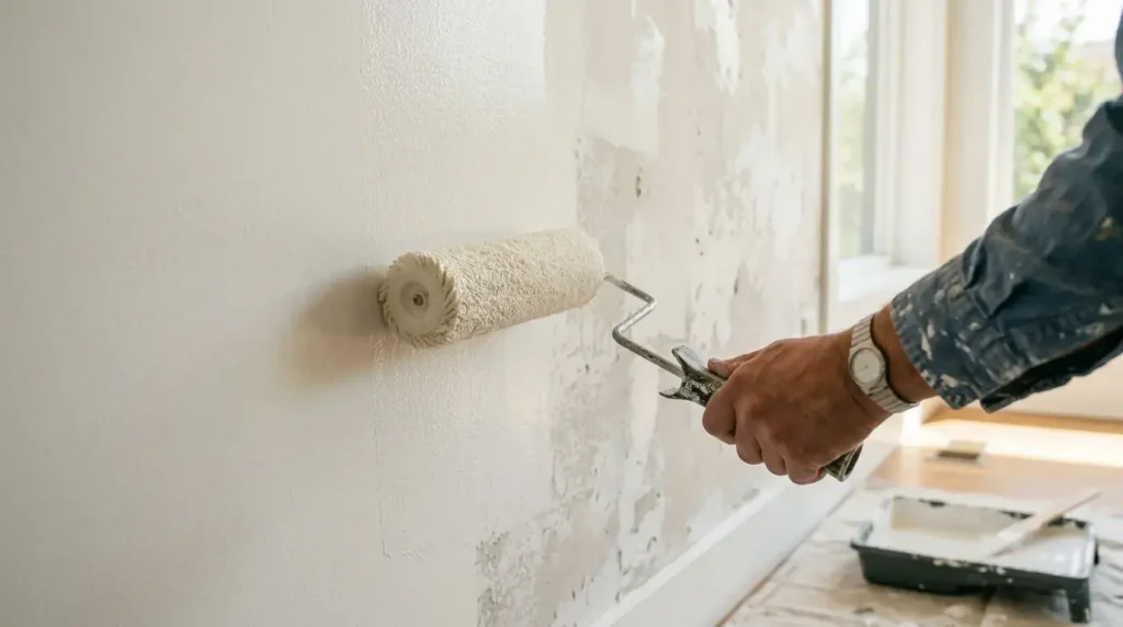 Roller applying a second coat of interior paint on a New Jersey wall