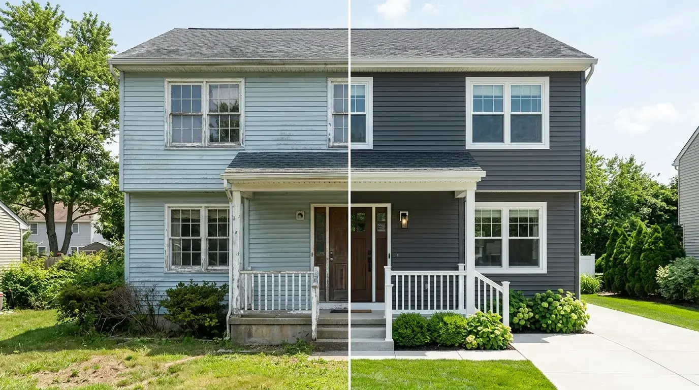Faded vinyl siding on a house