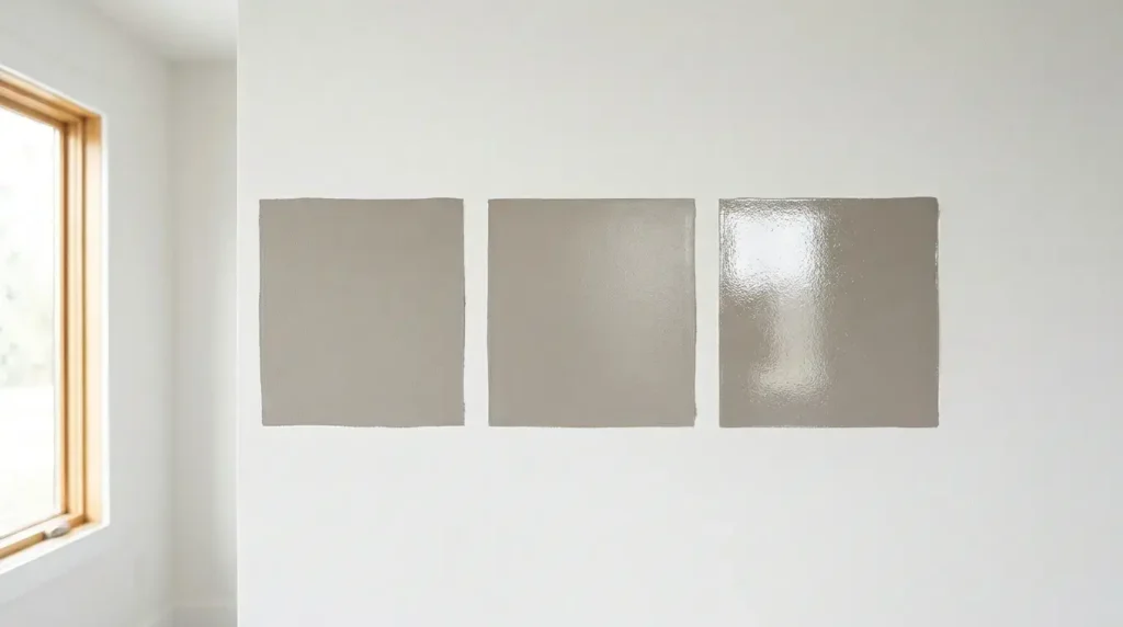 Comparison of flat, satin, and semi gloss paint sheen on a wall