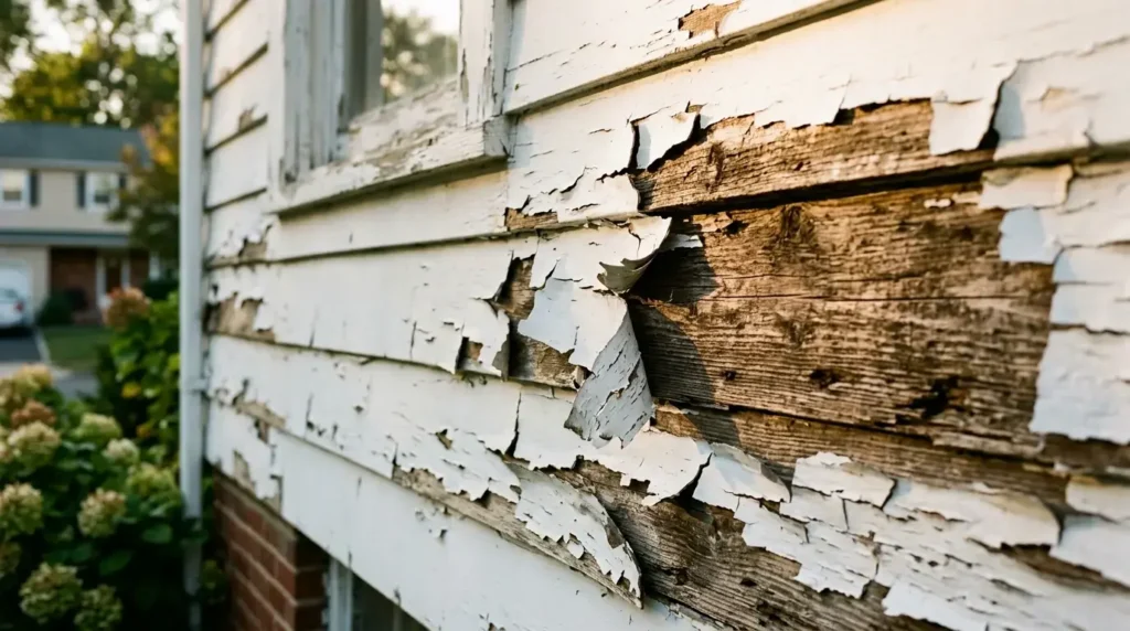 Exterior paint peeling from wood siding on a New Jersey house